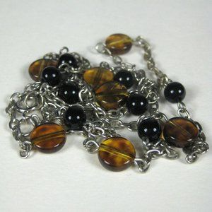 Necklace Brown Plastic Beaded  26 In Strand Silvertone Chain Jewelry Delicate